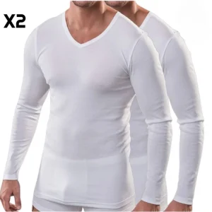 Pack 2 Pulls Manche Longue Coton Blanc Col V